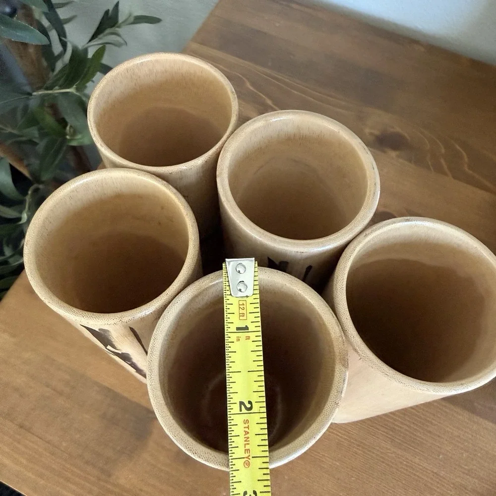 Set of 5 Vintage 60s Japanese Hand Brush Painted Natural Bamboo Cups Vases Decor